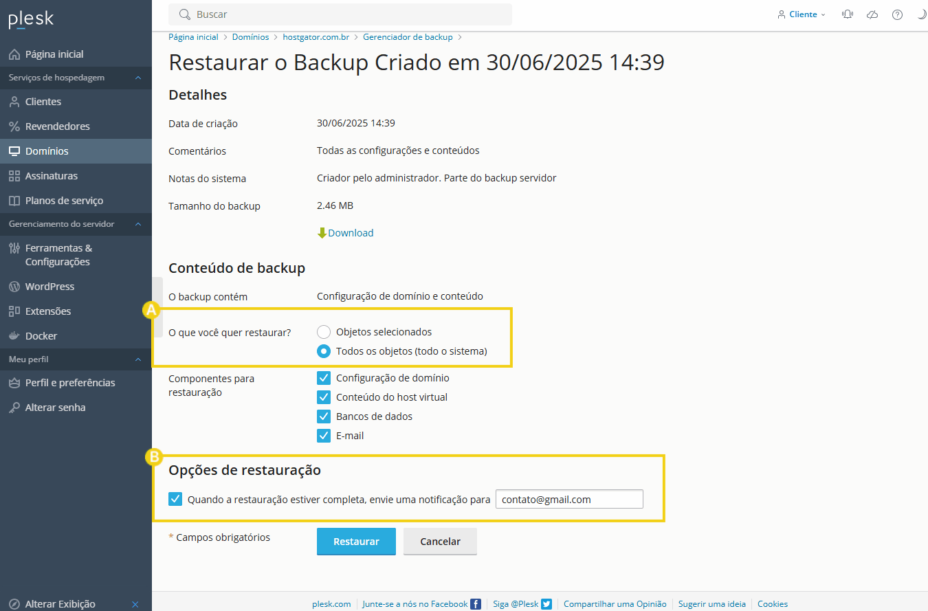 Tela de configuração de backup no sistema Plesk, mostrando opções de restauração e seleção de objetos a serem restaurados