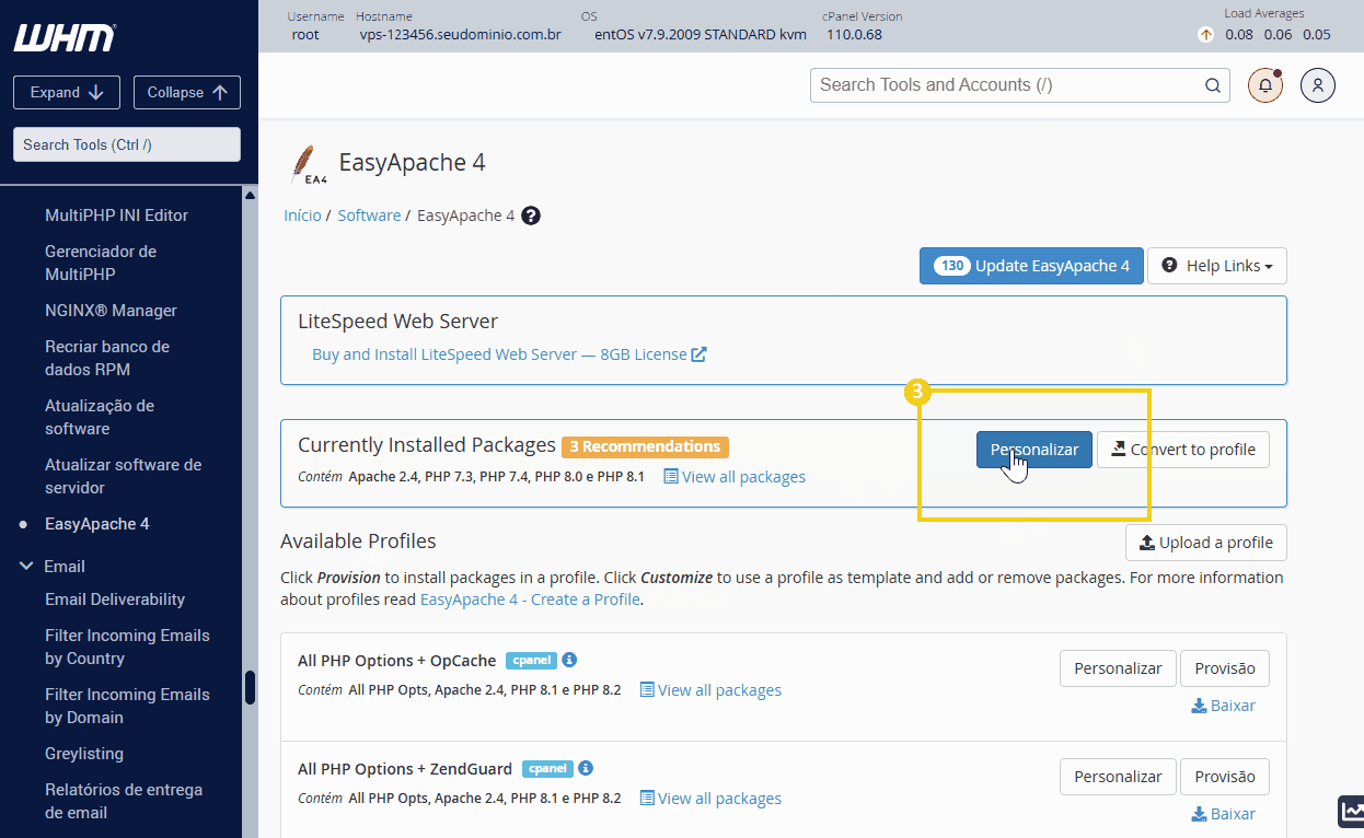 tela mostrando o easyapache4 destacando o botão de personalizar e depois no lado direito o apache modules para ativar o mod_security2