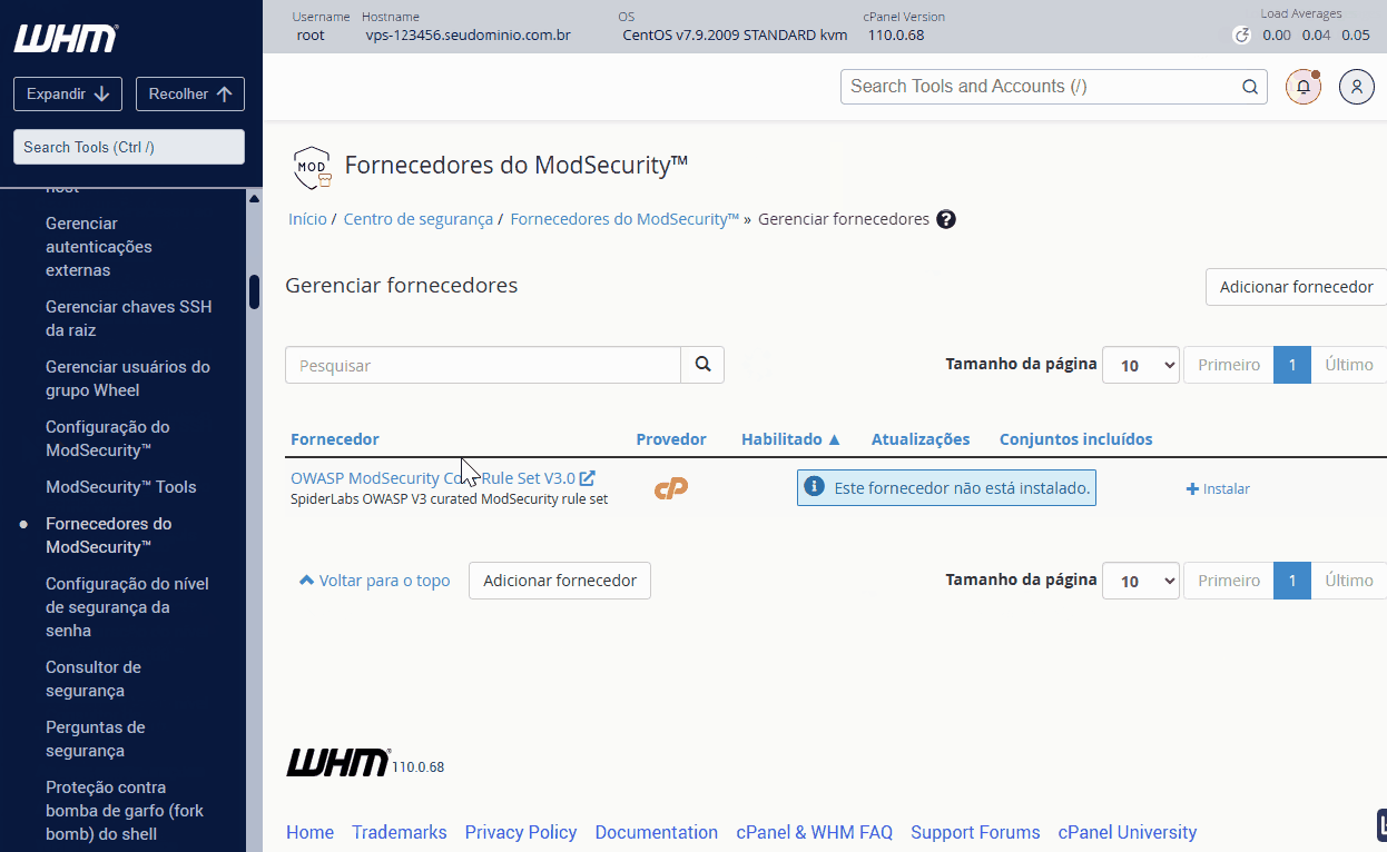 tela do whm mostrando dentro de fornecedores do Modsecurity a instalação do owasp core rule set