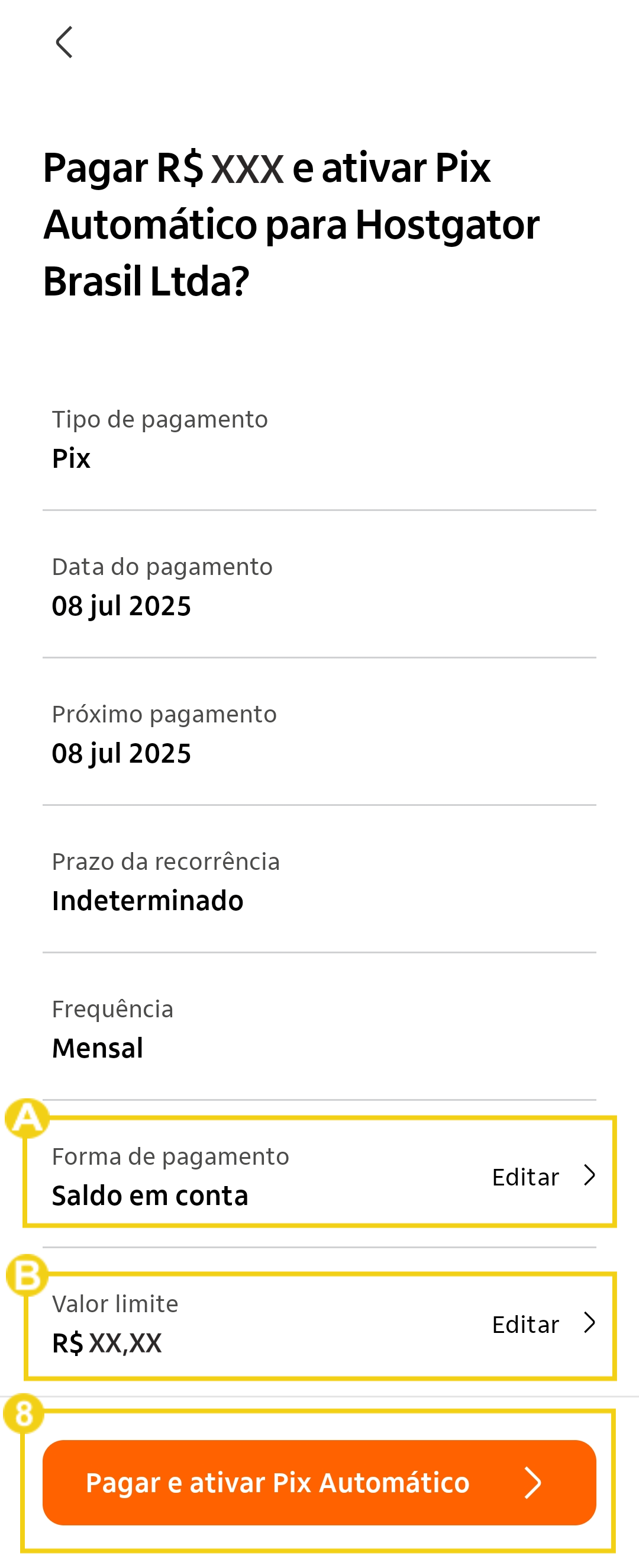 Imagem mostra a tela do aplicativo do Banco para revisar as informações e se quiser, pode editar a forma de pagamento e valor limite