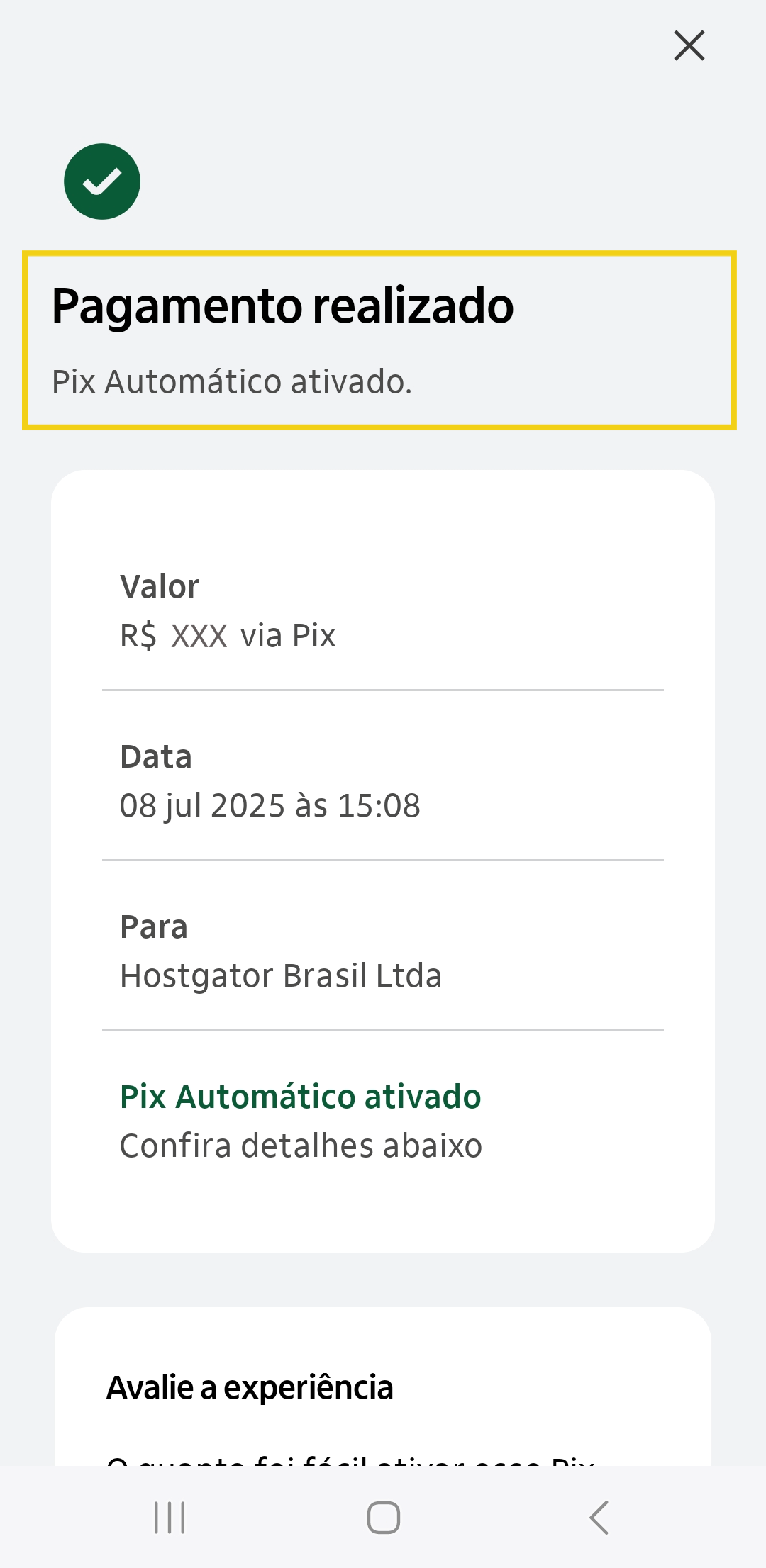 Imagem mostra a tela do aplicativo do Banco de pix automático ativado