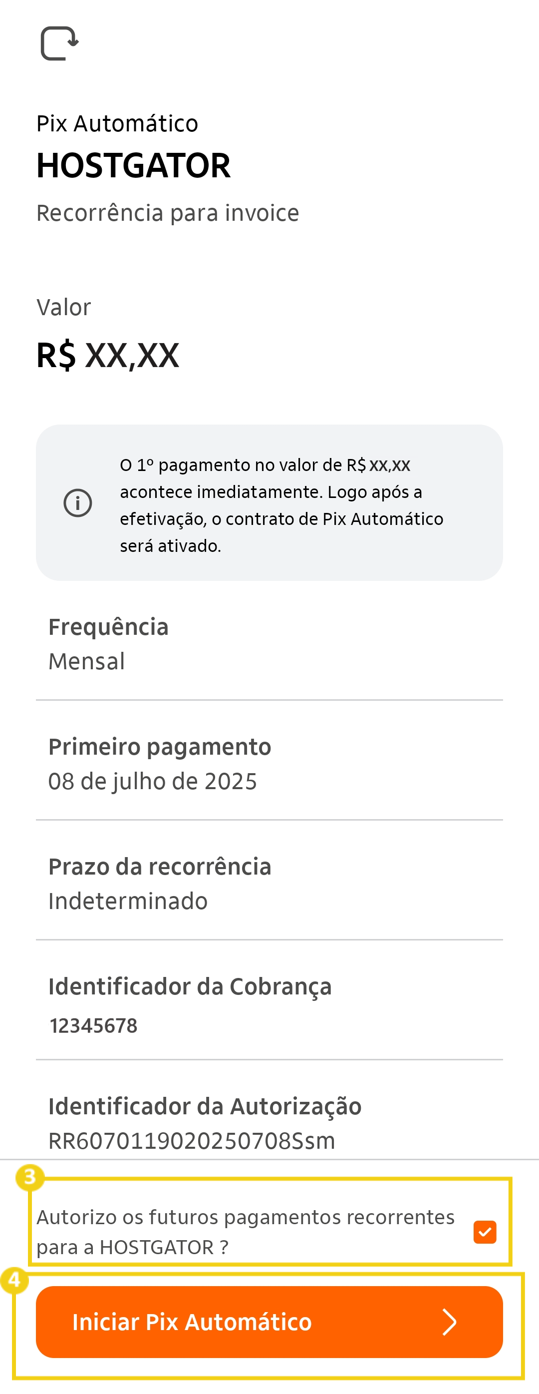 Imagem mostra a tela do aplicativo do Banco para iniciar o cadastro do Pix automático