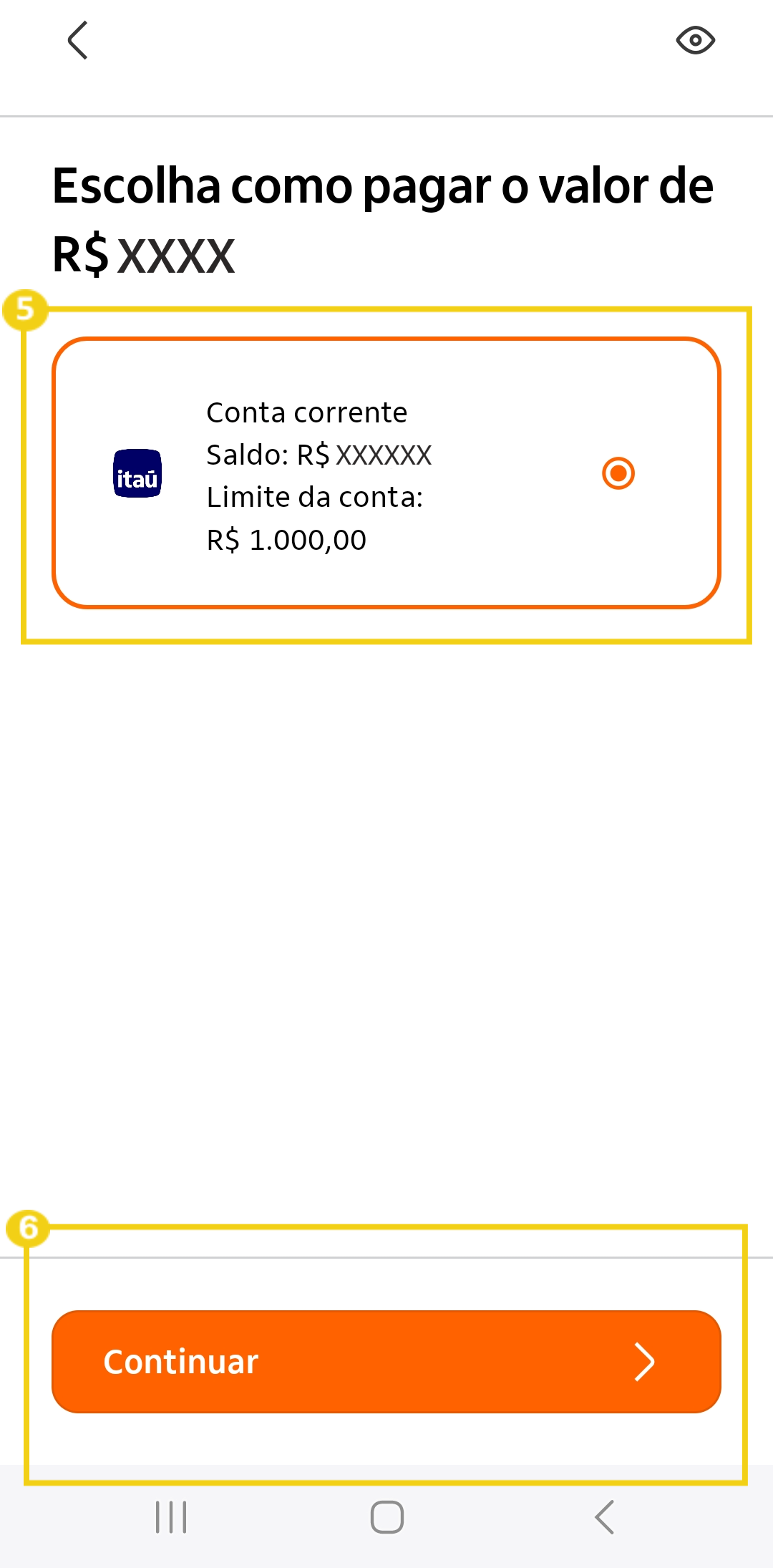 Imagem mostra a tela do aplicativo do Banco para escolher de que tipo de conta o valor será cobrado