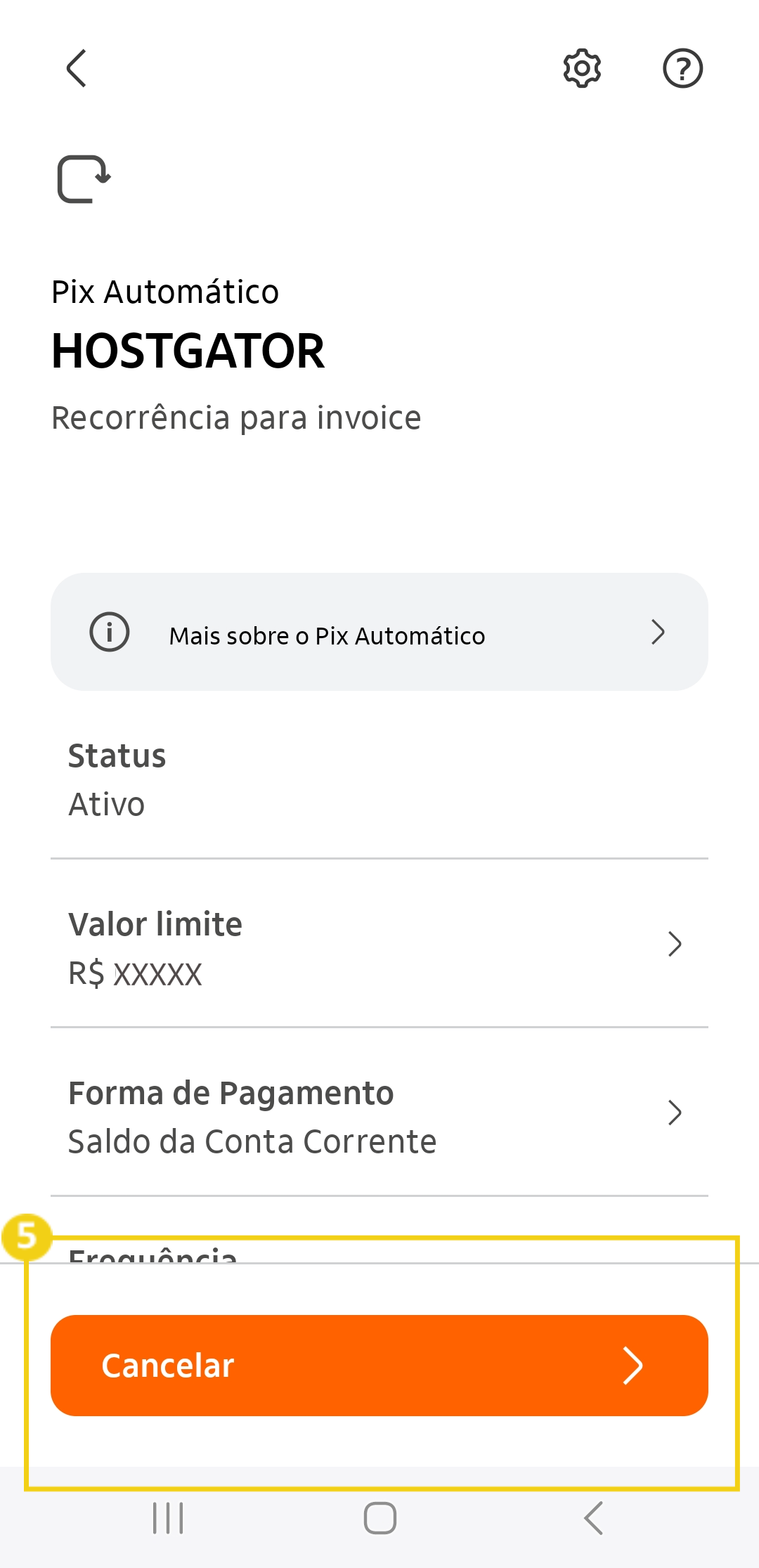 Imagem mostra a tela do aplicativo do Banco para clicar no botão 'Cancelar'