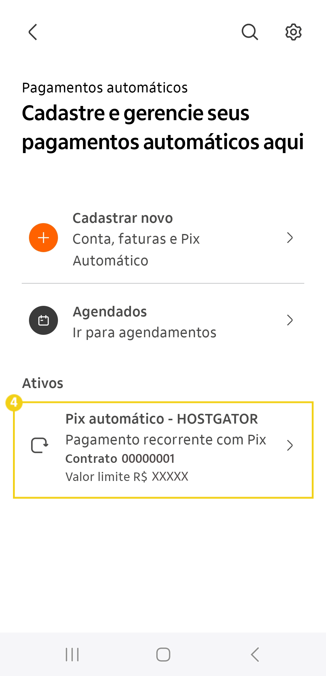 Imagem mostra a tela do aplicativo do Banco para clicar na cobrança da HostGator
