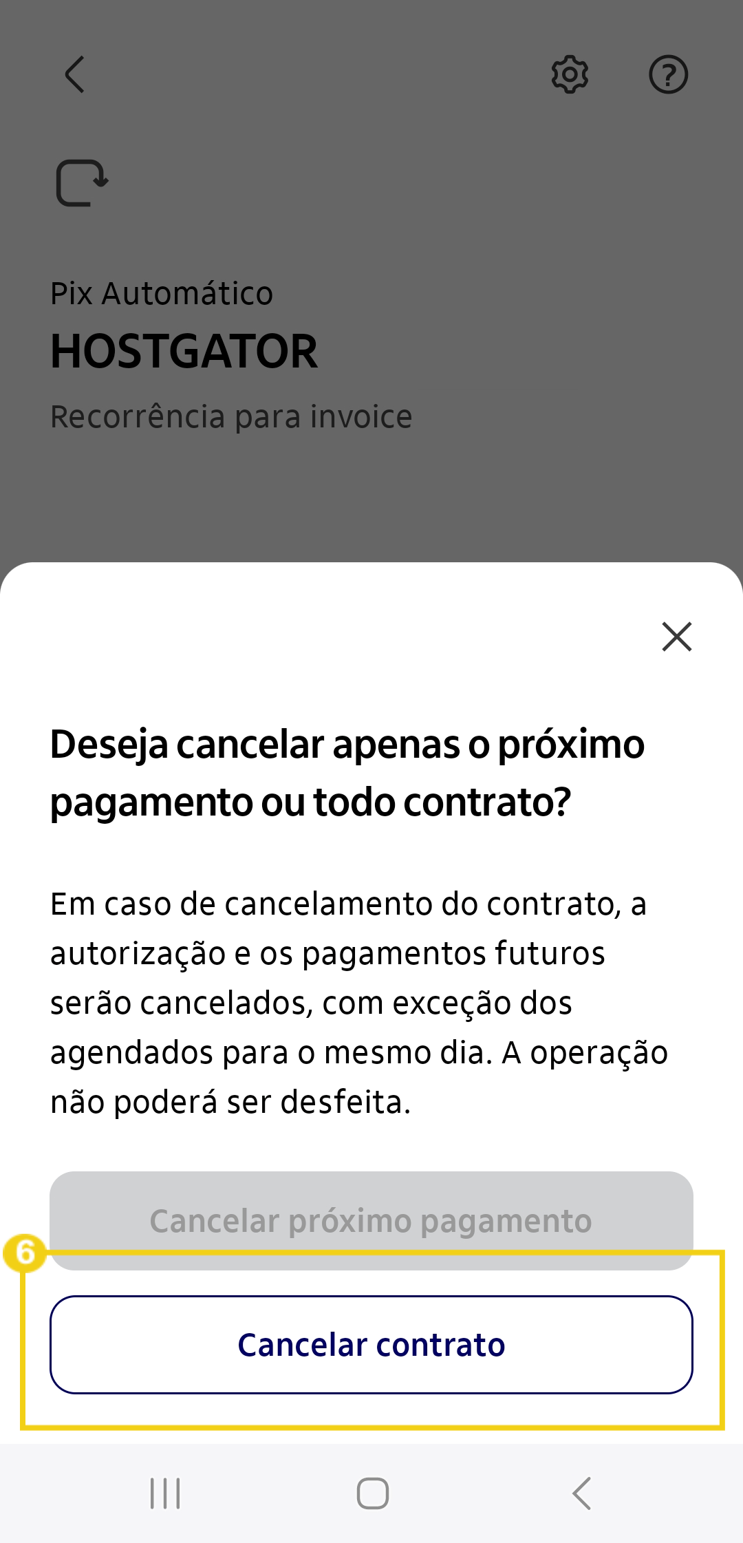 Imagem mostra a tela do aplicativo do Banco para clicar no botão 'Cancelar contrato'