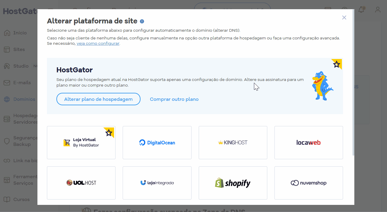 tela mostrando a lista de plataformas para configurar destacando o shopify e depois a tela para clicar em configurar