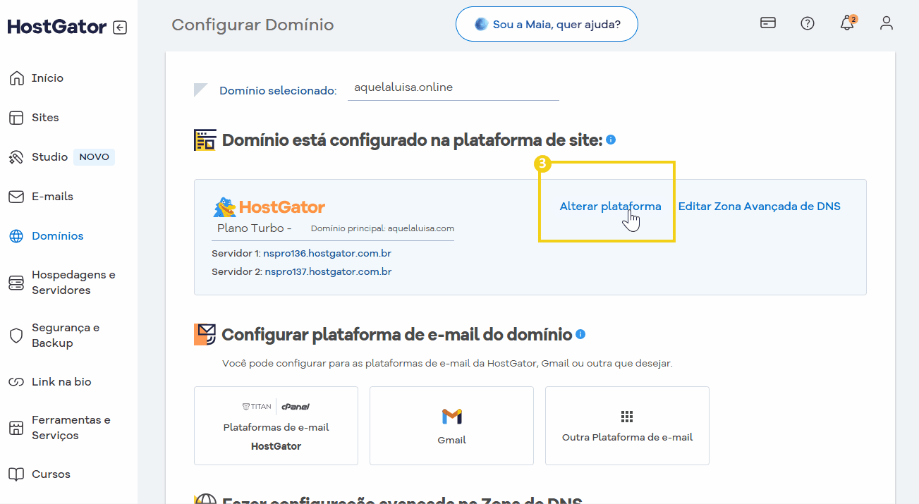 Tela do portal na parte de configurar dominio, destacando o alterar plataforma