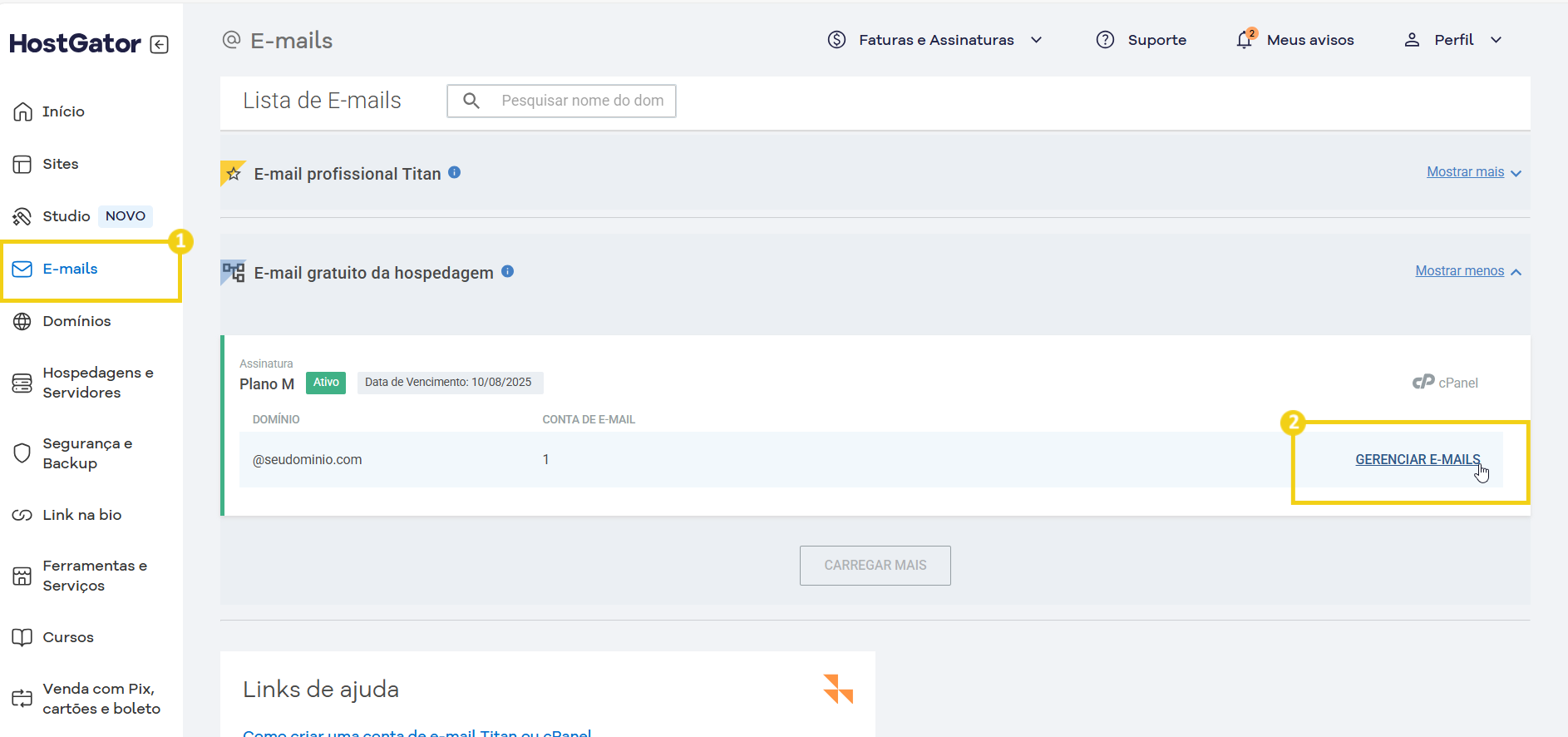 gerenciamento de e-mails na plataforma HostGator mostrando opções de configuração.