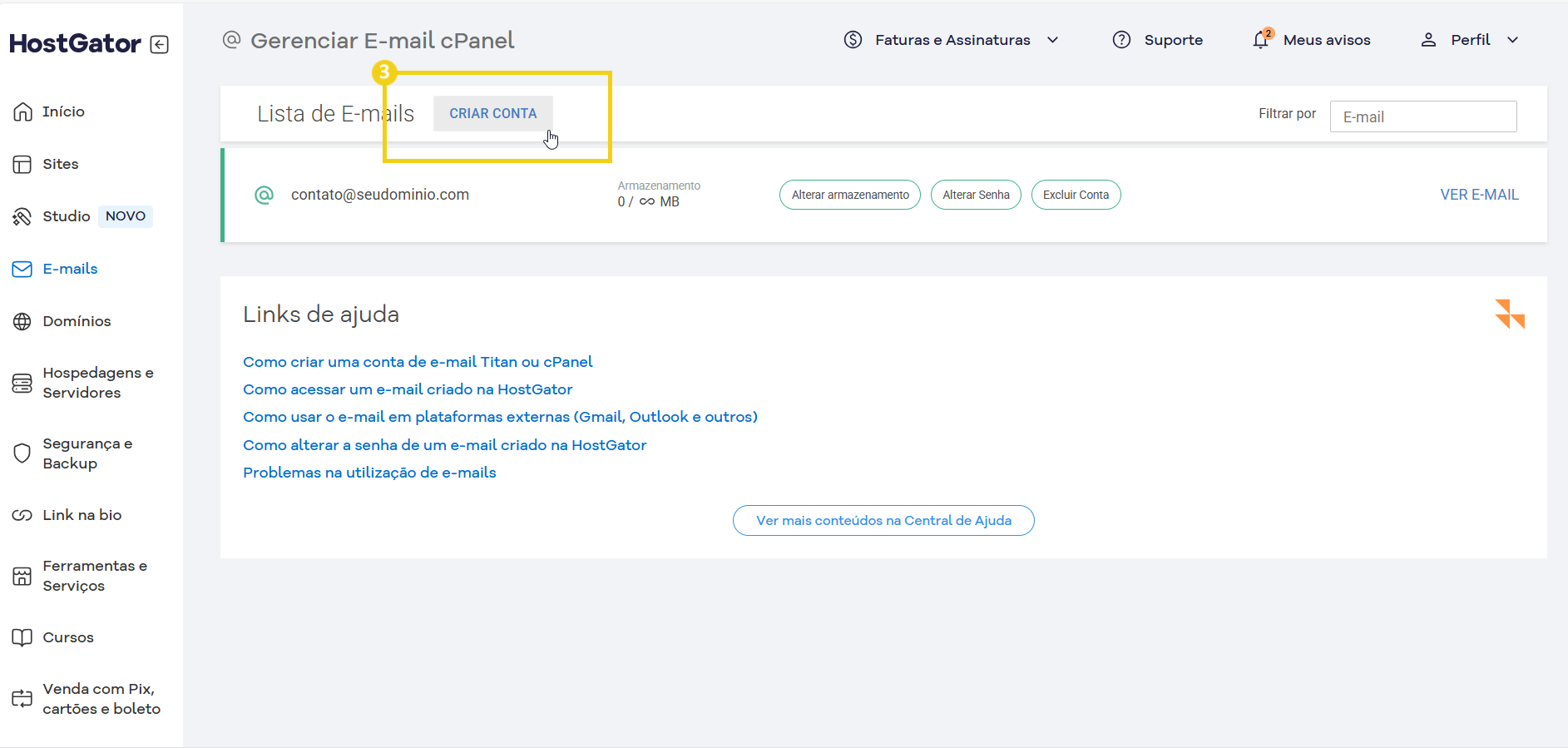 Painel do HostGator mostrando o processo de criação de conta de e-mail no cPanel, com opção de criar nova conta de e-mail. Destaque para o botão 'CRIAR CONTA'.