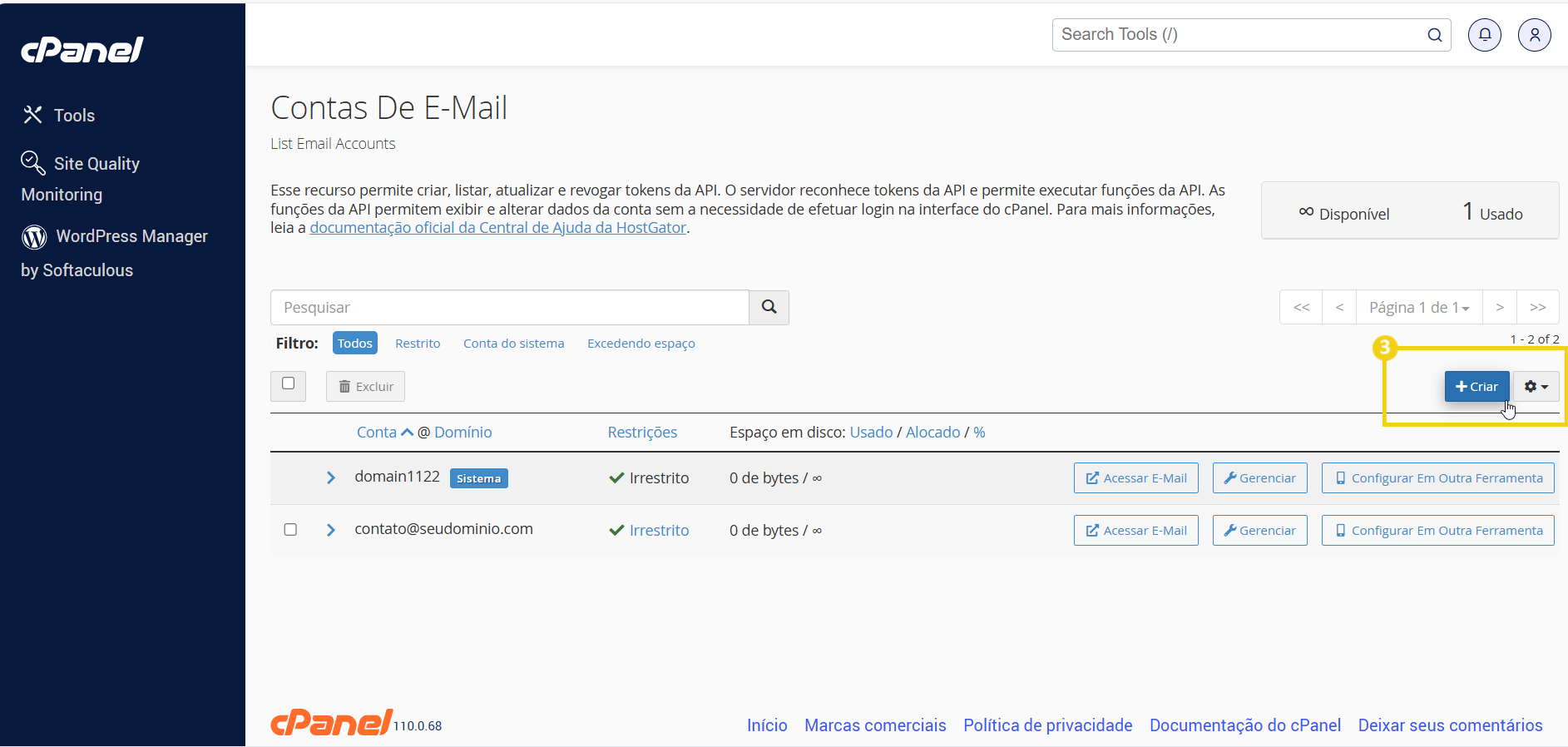 Painel do HostGator mostrando o processo de criação de conta de e-mail no cPanel, com opção de criar nova conta de e-mail. Destaque para o botão 'CRIAR CONTA'.