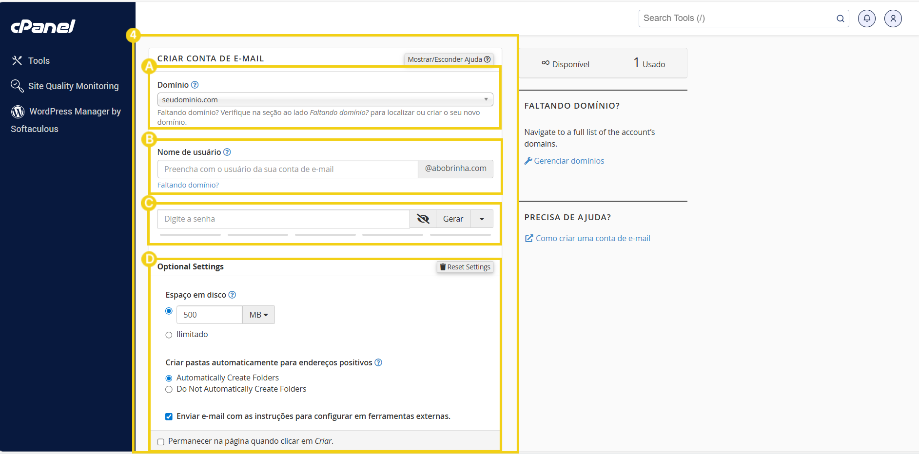 Painel do cPanel mostrando opções para criar uma conta de email com configurações de domínio, nome de usuário, senha e opções adicionais.