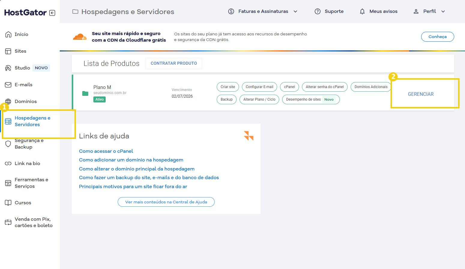 Captura de tela do painel de hospedagem e servidores no site HostGator, mostrando a opção de Gerenciar o plano de hospedagem