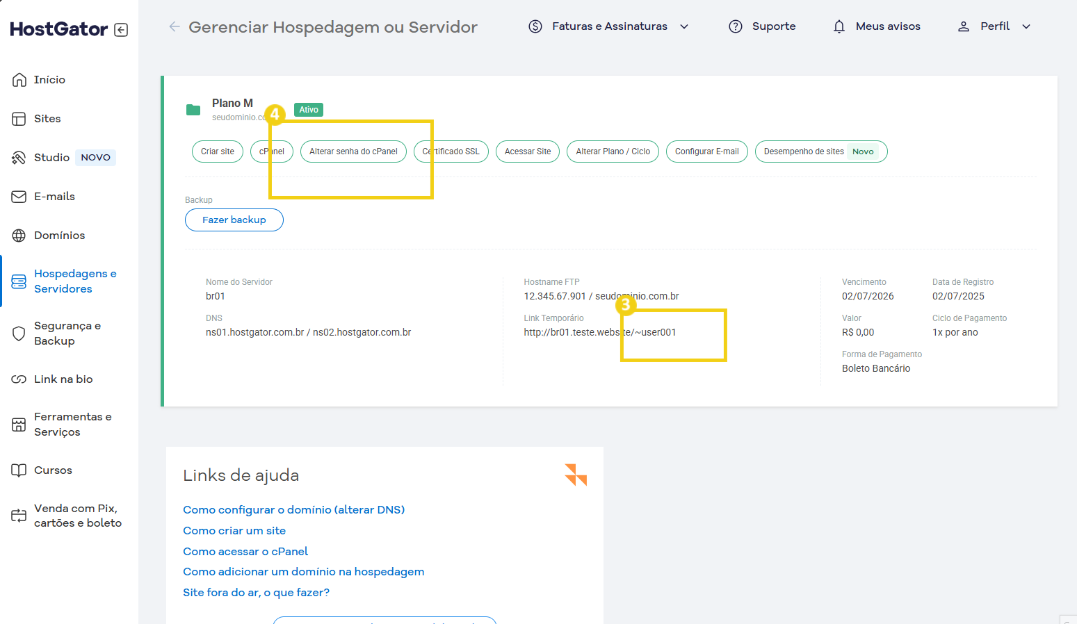 Tela de gerenciamento da hospedagem de site e servidores na plataforma HostGator, focando na localização do usuário e alteração de senha do cPanel