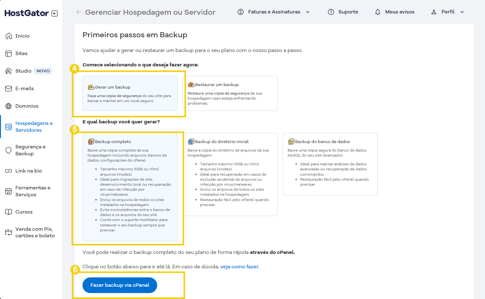 Imagem ilustrativa do painel do HostGator, mostrando o processo de backup de sites, incluindo opções para gerar backups completos ou específicos pelo painel cPanel. Destacado na imagem o botão para fazer backup via cPanel.