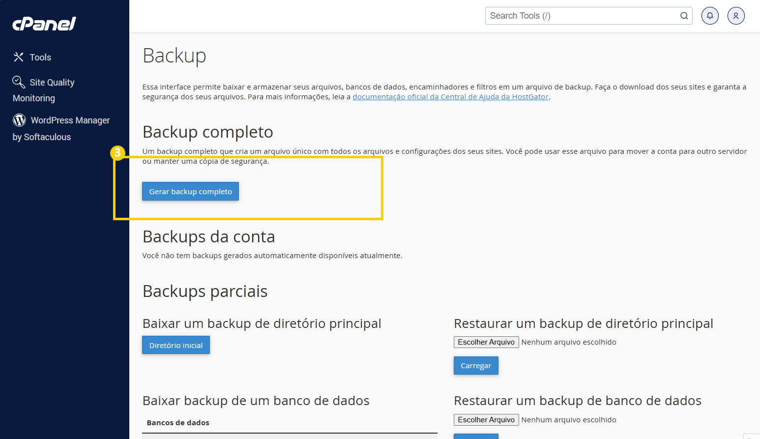 Tela de painel de backup do cPanel mostrando a opção de gerar backup completo para armazenamento seguro.