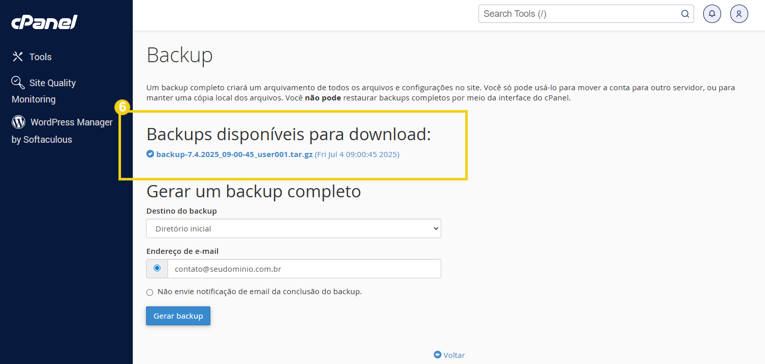 Imagem de uma tela de painel do cPanel mostrando opções para download de backups disponíveis, com destaque para o arquivo de backup disponível para download.