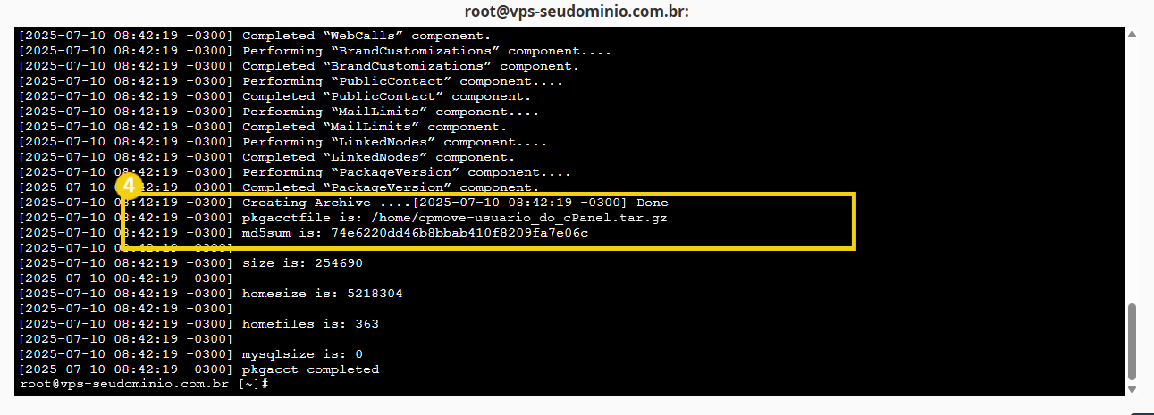 Registro de criação de arquivo de backup do servidor em uma tela de terminal de sistema, destacando o comando para criar um arquivo de backup