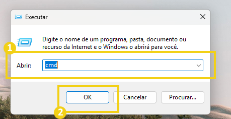 Imagem mostrando como abrir o Prompt de Comando (CMD) no Windows. Passo a passo para inserir o comando 'cmd' na janela Executar e acessar o terminal do sistema.