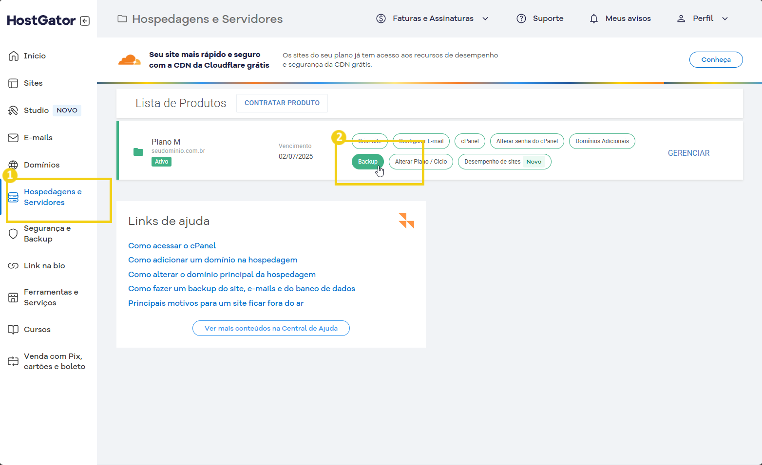 Imagem de uma tela do painel de controle do HostGator, mostrando a opção 'Hospedagens e Servidores' no menu lateral e a função 'Backup' sendo selecionada na área principal.