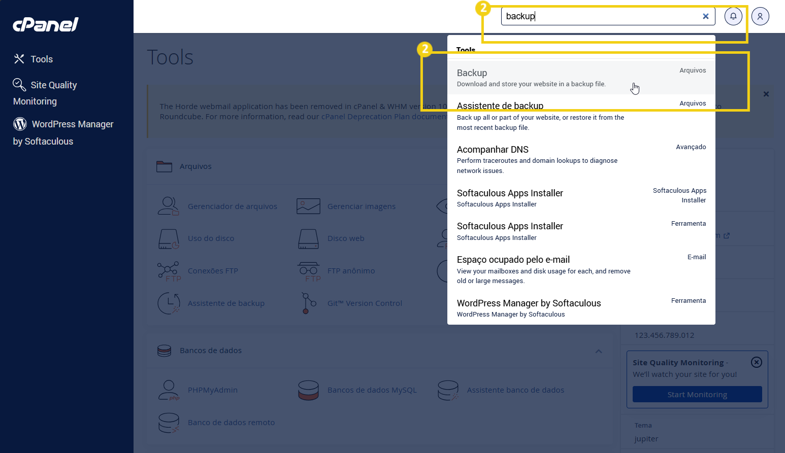 Imagem demonstrando como usar a ferramenta de backup no painel do cPanel