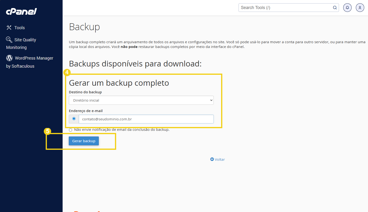 Tela de geração de backup completo no painel de controle cPanel, mostrando opções de destino, e-mail e o botão 'Gerar backup' ativado.