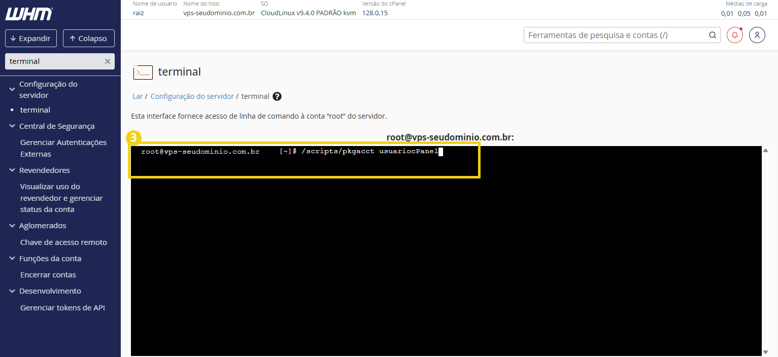 Imagem de um terminal de comando Linux do WHM mostrando acesso root ao terminal, com destaque para a linha de comando.