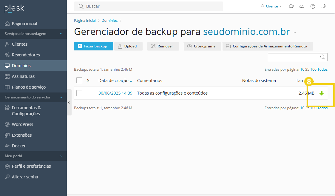 Tela de gerenciamento de backup no Plesk mostrando opções de fazer download do arquivo