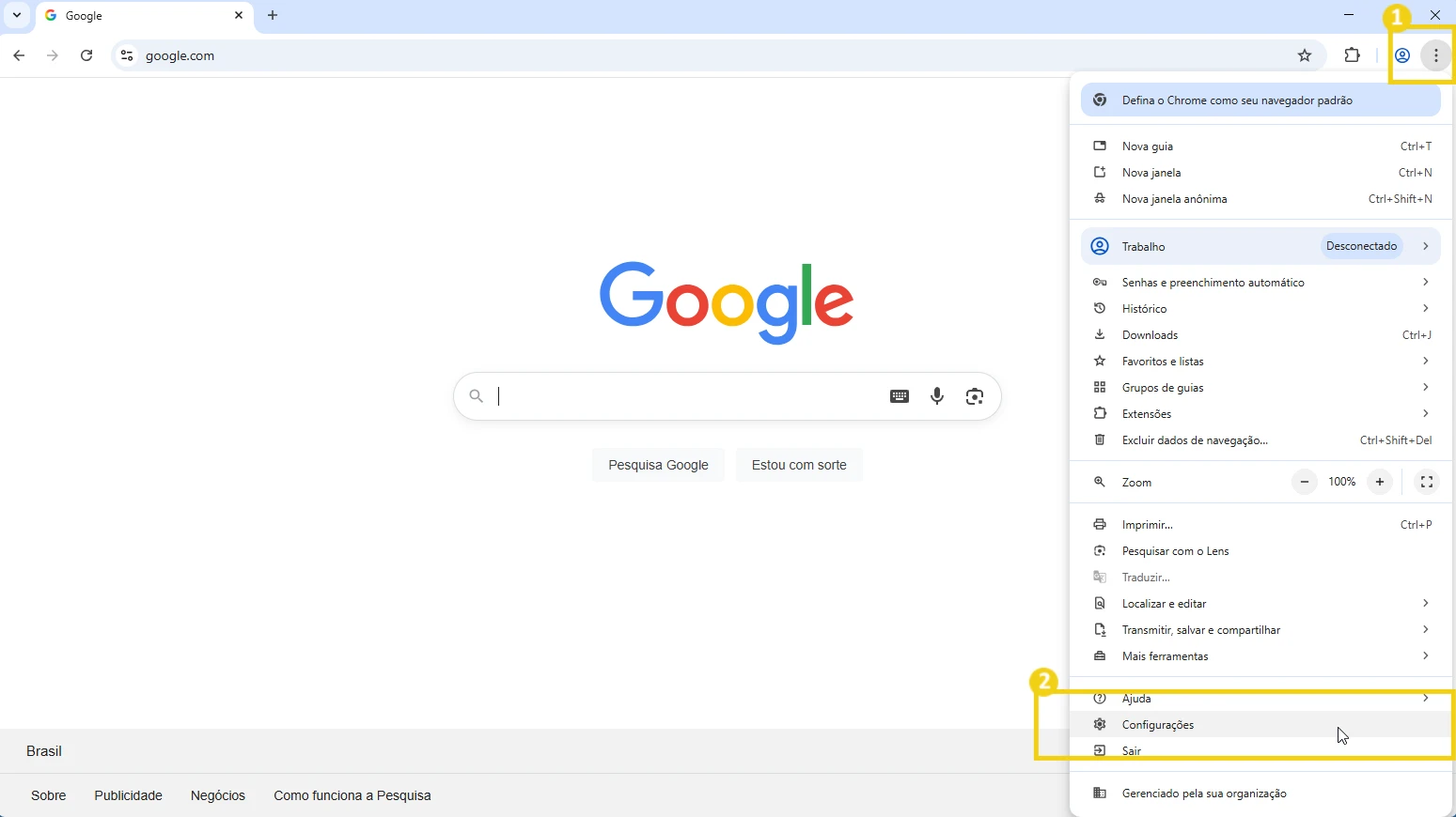Imagem da tela do navegador Google Chrome com menu de configurações aberto, destacando as opções 'Configurações', 'Histórico' e 'Mais ferramentas'