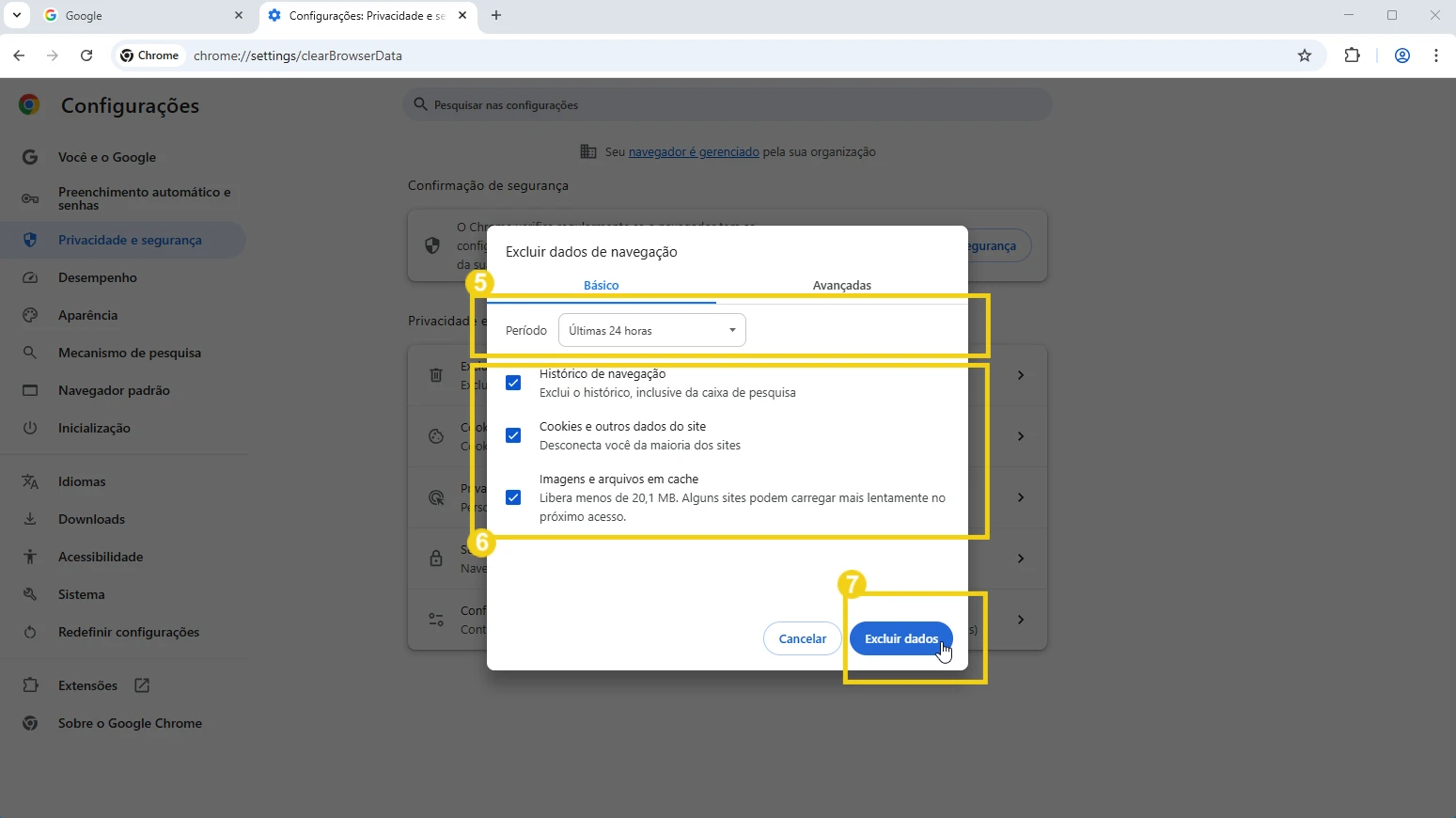 Imagem de configuração de navegação do Google Chrome exibindo opções de exclusão de dados de navegação no menu de configurações.