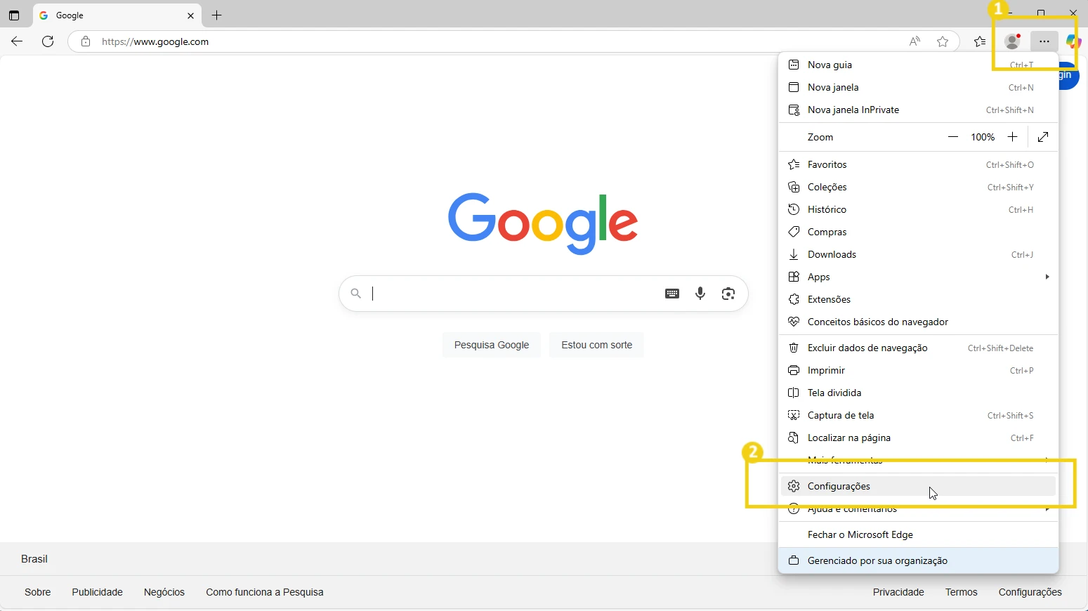 Imagem da tela do navegador Microsoft Edge com o menu de configurações aberto, mostrando a opção 'Configurações'.