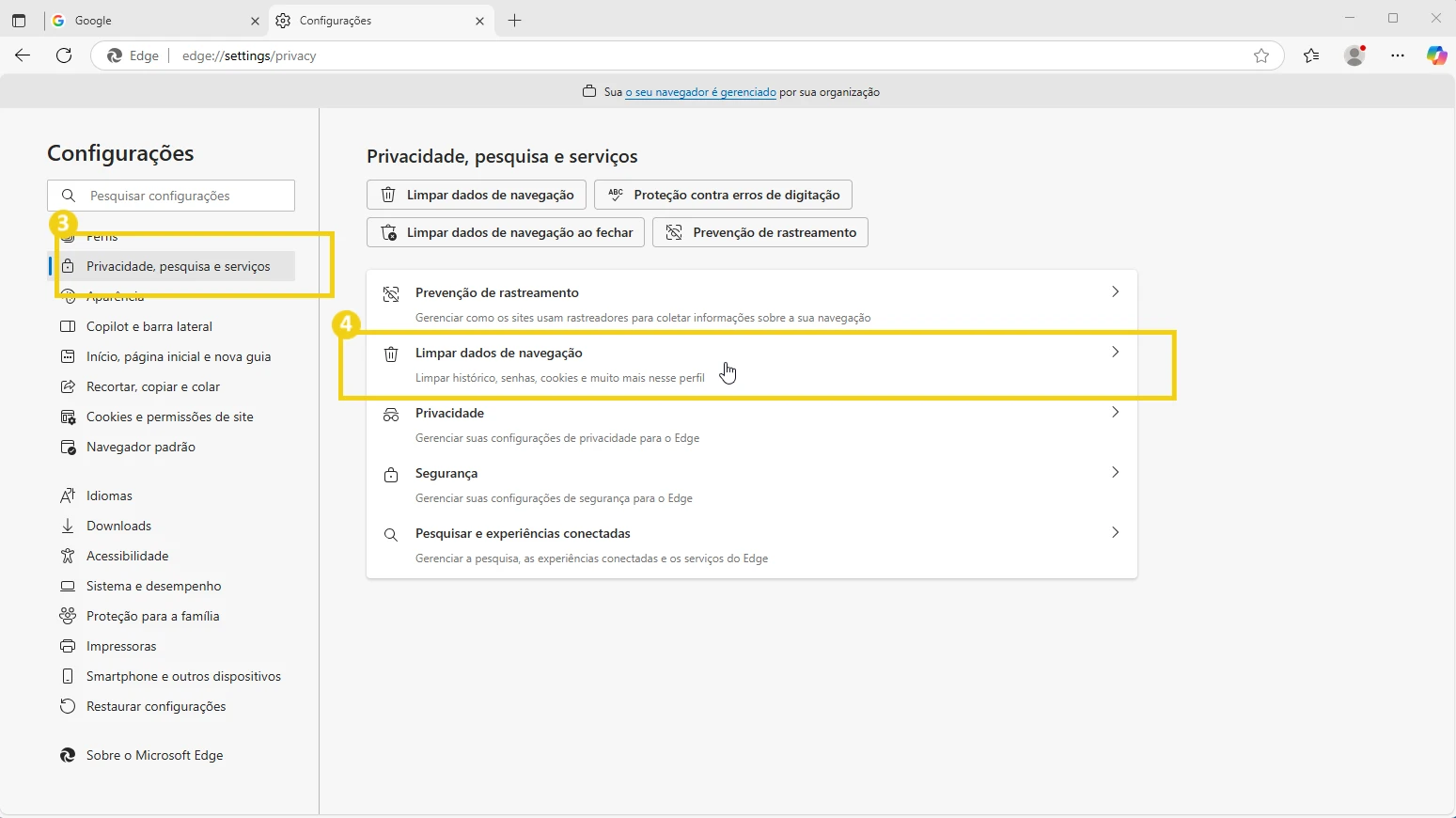 Imagem ilustrativa mostrando as configurações de privacidade do navegador Edge, destacando a opção de limpar dados de navegação