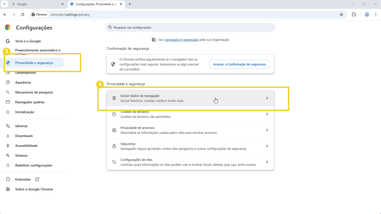 Configuração de privacidade e segurança no navegador Chrome, destacando a opção para excluir dados de navegação na tela de configurações.
