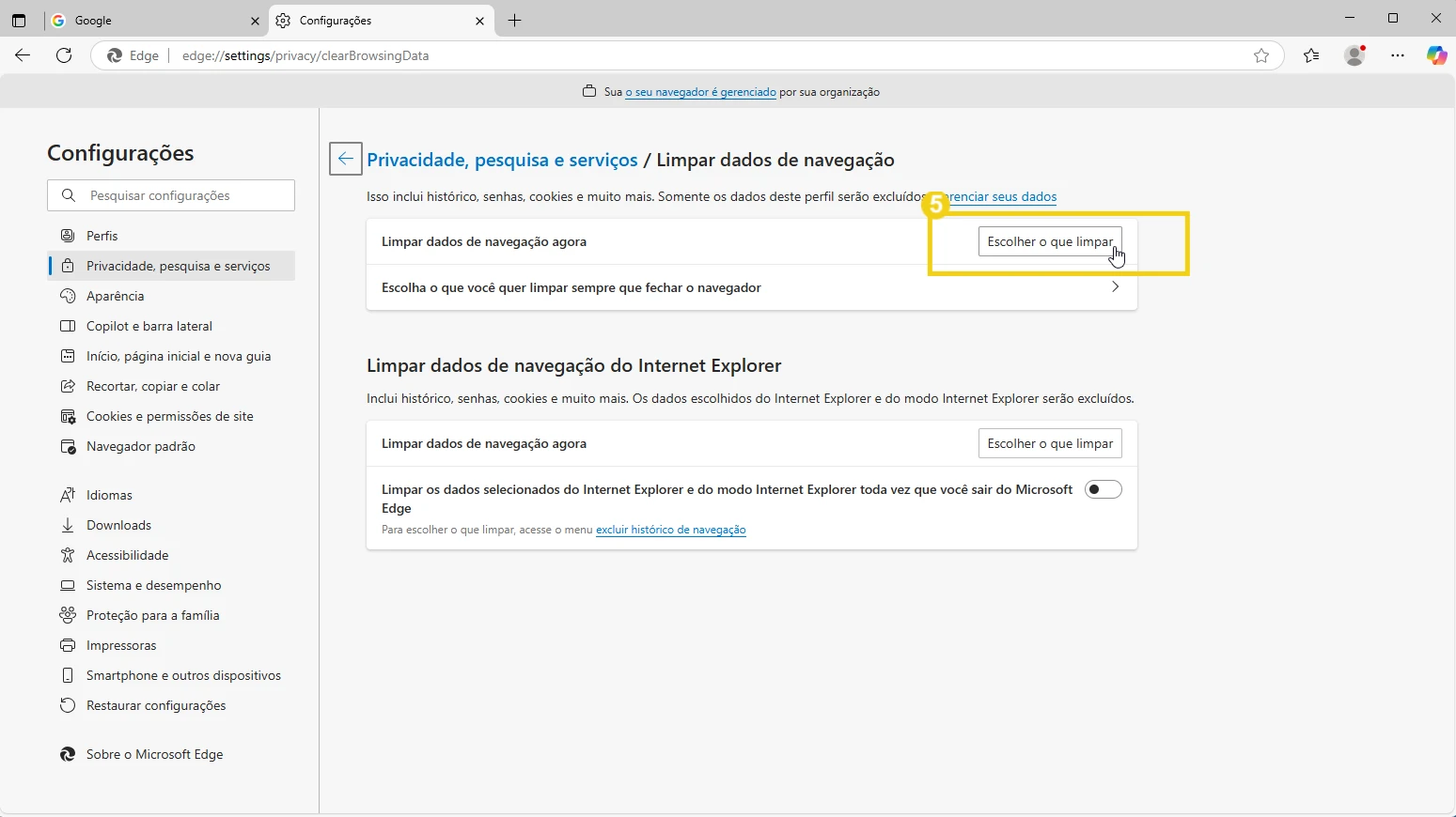Configurações de privacidade do navegador Microsoft Edge mostrando opções para limpar dados de navegação.