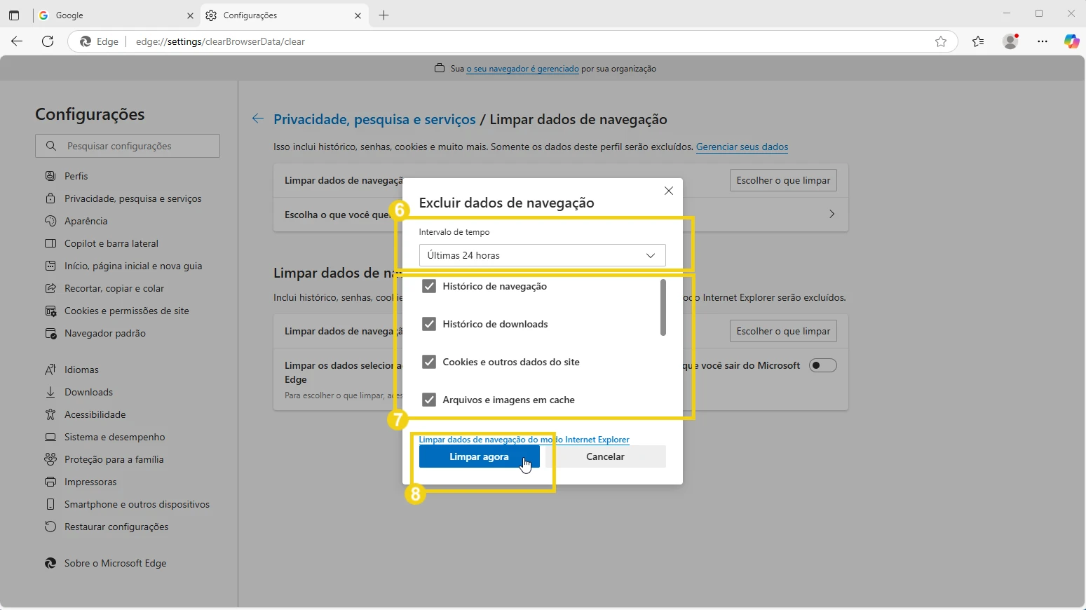 Imagem mostrando o processo de limpeza de dados de navegação no Microsoft Edge, incluindo opções de histórico, downloads e cookies, com botões de confirmação.