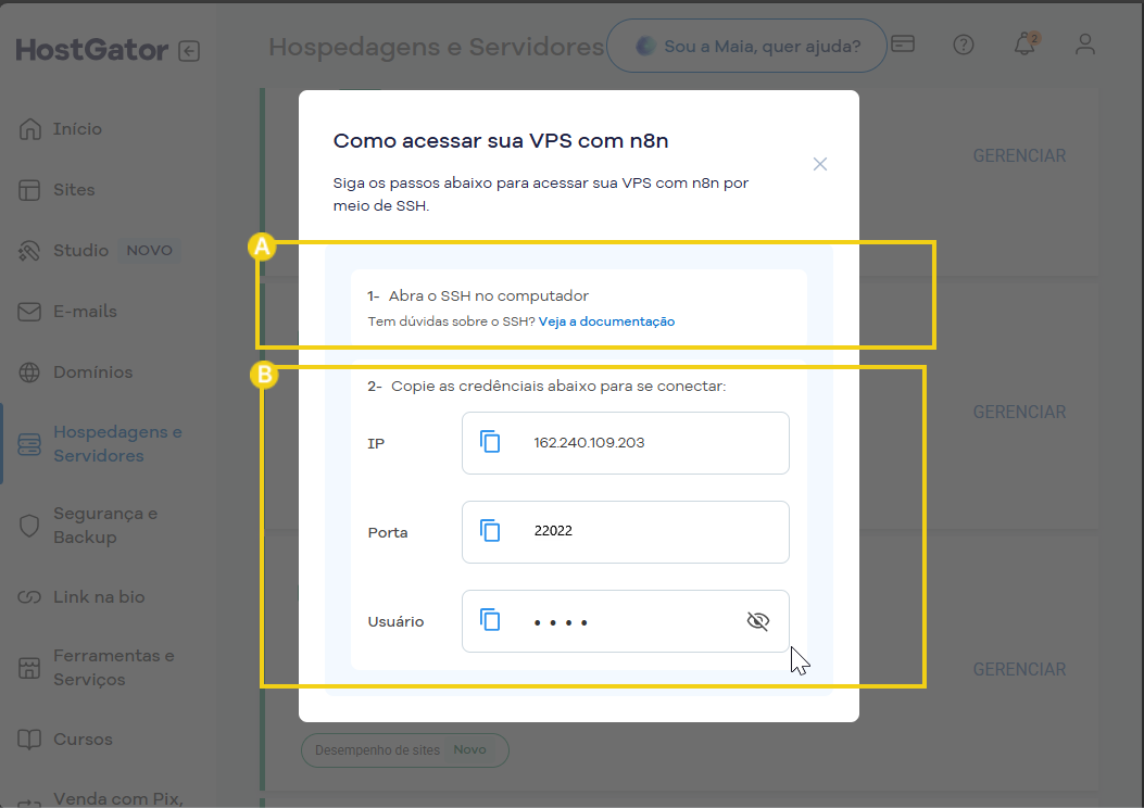 Configuração de acesso SSH para VPN na plataforma HostGator, mostrando detalhes de conexão com IP, porta e usuário.