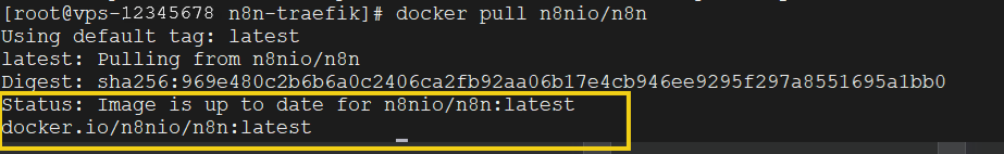 tela ilustrativa do termina, mostrando a execução do comando docker pull n8nio/n8n e mostrando que esta com a versão atualizada