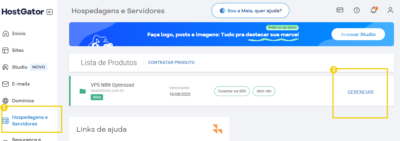 Tela do painel de controle do HostGator mostrando a opção 'Hospedagens e Servidores' e detalhes do produto VPS N8N otimizado.