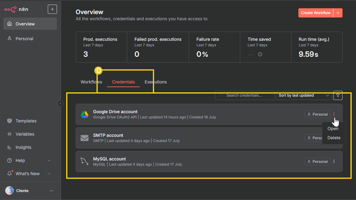 imagem do painel n8n na parte de overview destacando a seção de credenciais (credentials) e seus detalhes