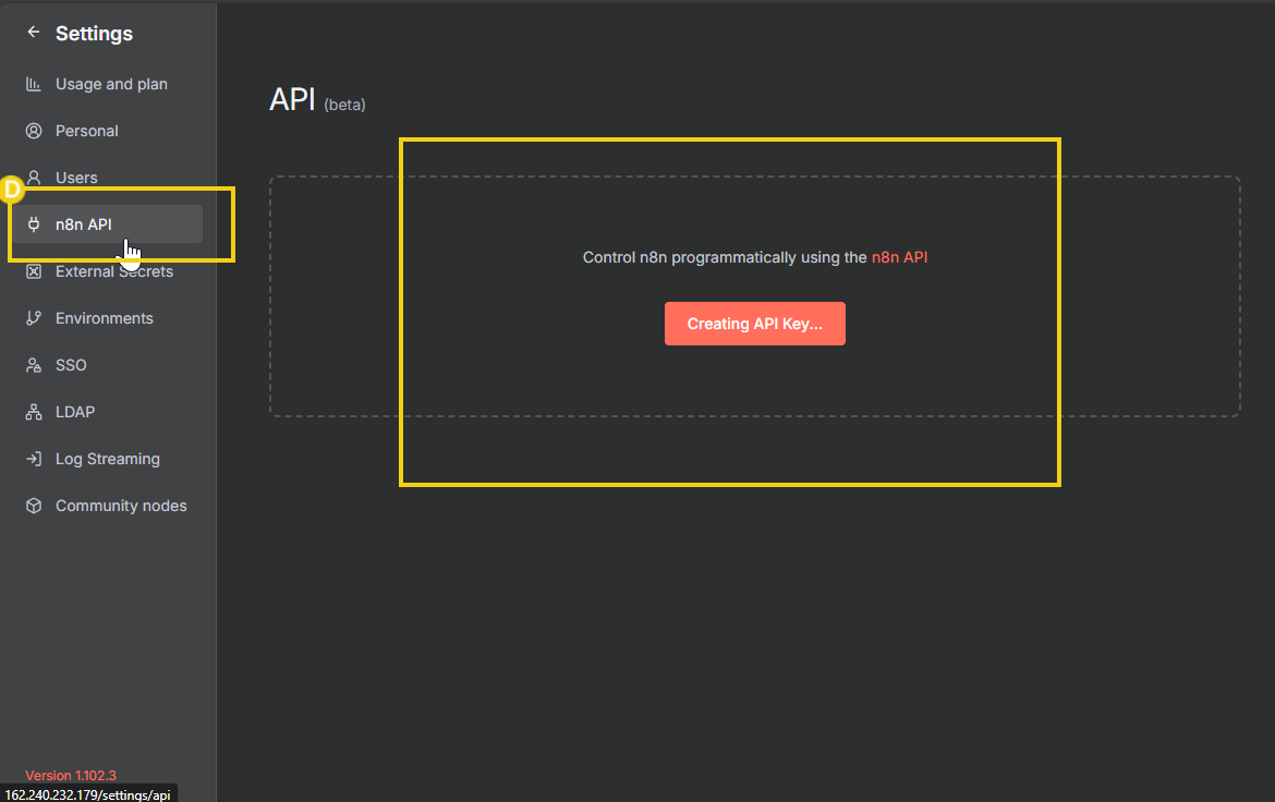 Captura de tela do painel de configurações do n8n, mostrando a opção para criar uma chave API, essencial para integrar e automatizar tarefas usando a API n8n.