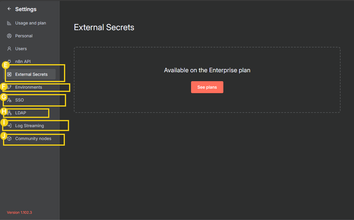 Tela de configuração de segredos externos na interface de gerenciamento de ambientes de uma aplicação, destacando opções como External Secrets, Environments, SSO, LDAP, Log Streaming e Community nodes.