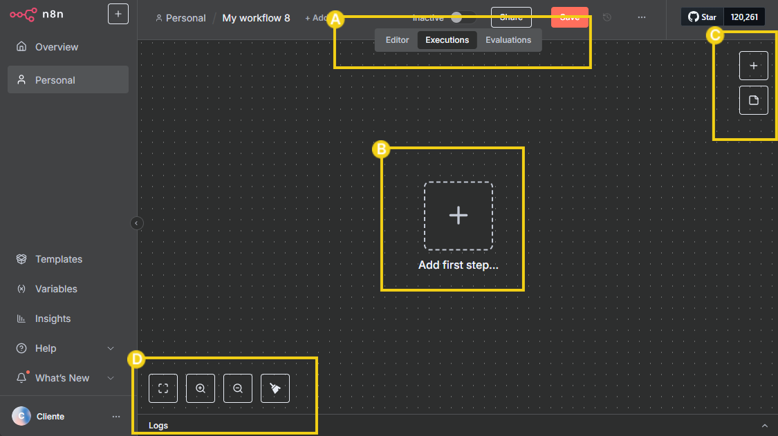 Imagem del painel n8n de automação de workflow, destacando áreas de edição, execução, avaliação e logs, usado para automatizar tarefas e processos.