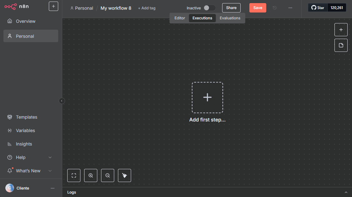 Imagem de uma interface de gerenciamento de fluxo de trabalho com espaço para adicionar passos e configurações, indicando uma ferramenta de automação digital.