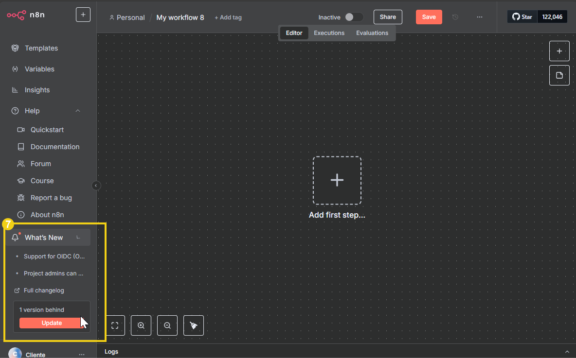 Imagem da interface gráfica de uma plataforma de automação de processos, com destaque para a seção de novidades e opção de atualização, ideal para quem busca informações atualizadas sobre o software.