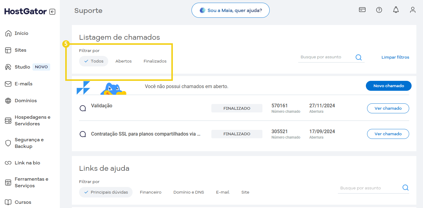 Imagem mostra que é possível usar o filtro para buscar por um status de abertura de chamado