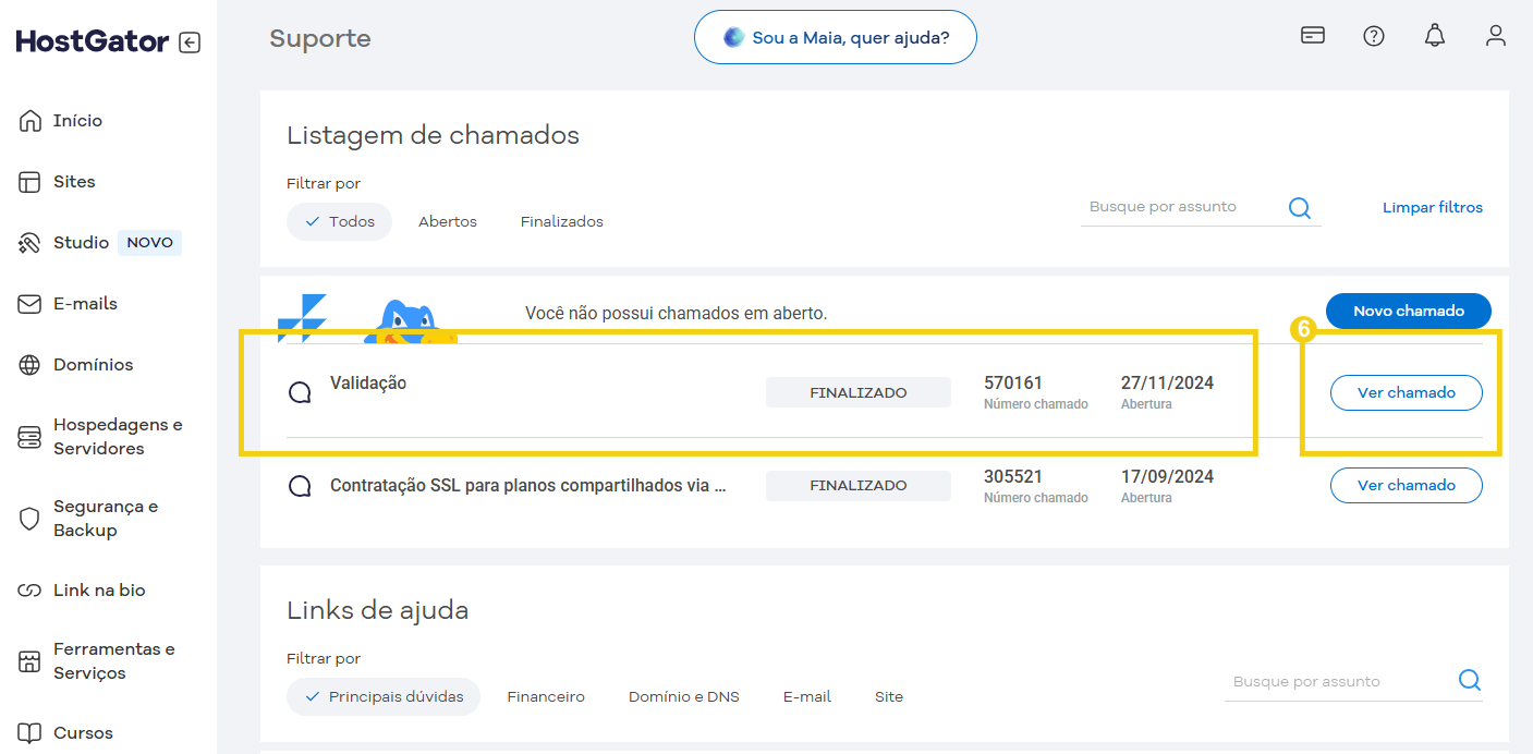 Imagem mostra os detalhes que são possíveis identificar do chamado e o botão para acessar a mensagem que é "Ver chamado"