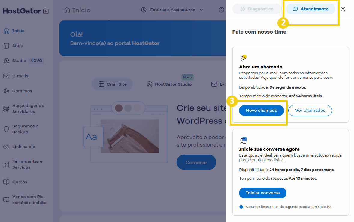 Atendimento ao cliente no portal HostGator, com opção de realizar novos chamados para transferência de domínio