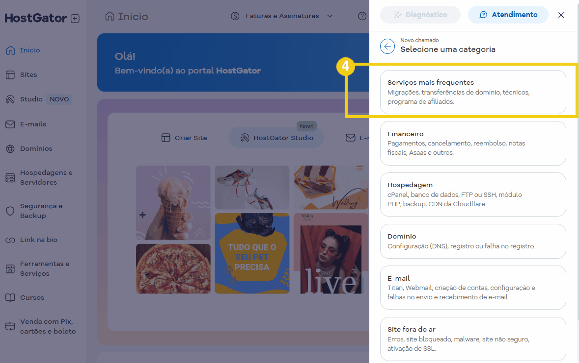 Imagem ilustrativa da interface do portal HostGator, mostrando opções de suporte e categorização de serviços, incluindo atendimento de serviços frequente, como transferência de domínios