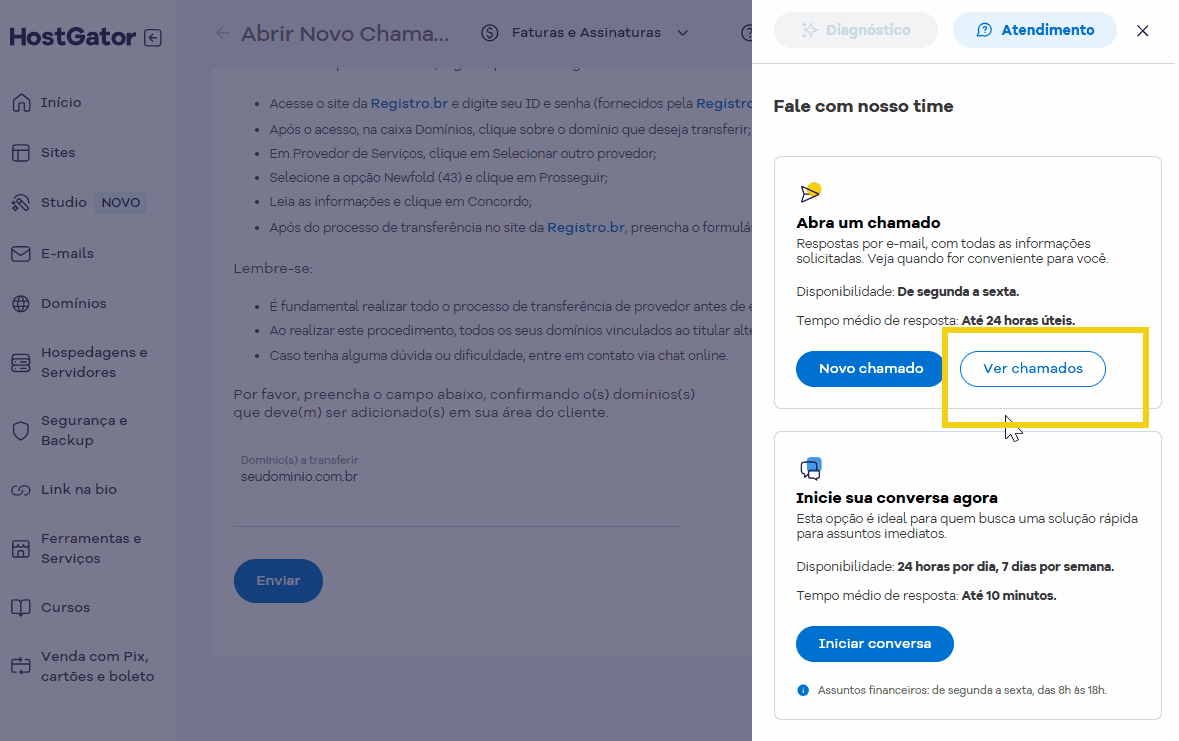 Captura da interface de atendimento ao cliente no site HostGator, exibindo opções para abrir um chamado e ver chamados, com destaque para o botão "Ver chamados", para consultar históricos de chamado