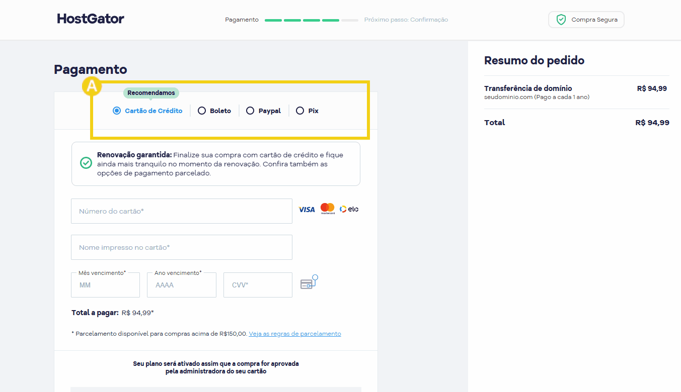 Imagem da tela de pagamento para transferência de domínio, destacando opções como cartão de crédito, boleto, Paypal e Pix, com detalhes sobre a finalização da compra